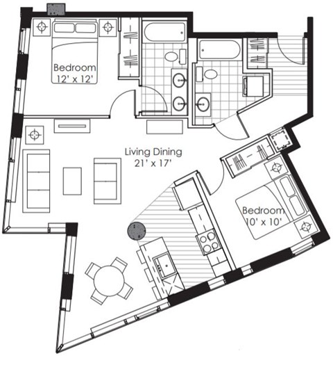 Floor plan for 2 beds, 2 baths, 977 sqft